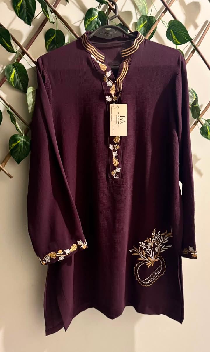 Maroon Embroidered Kurta with Gold Trim product photo