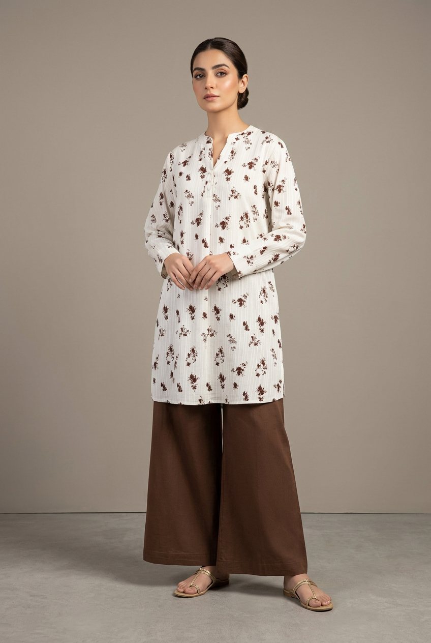 White Floral Kurta with Brown Palazzo Pants